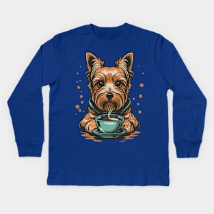 Yorkshire Terrier Drinking Coffee Kids Long Sleeve T-Shirt